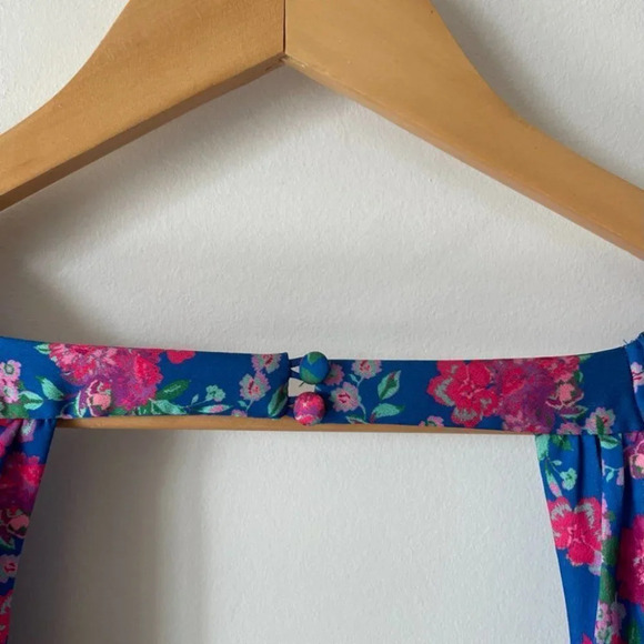 For Love & Lemons Puff Sleeve Open Back Annie Mini Dress Blue Pink Floral Sz S - Picture 10 of 14